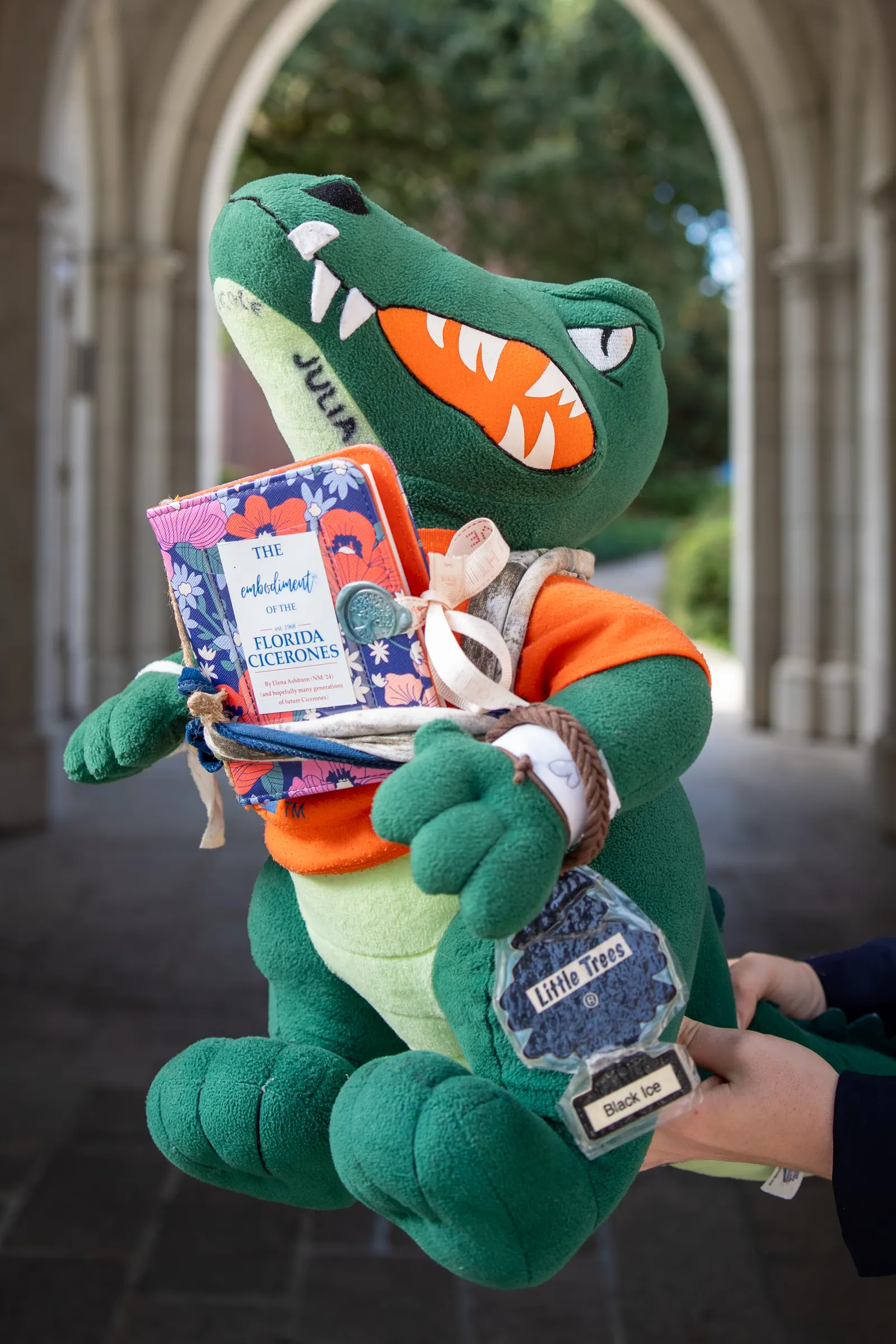 A plush gator in an orange jersey, holding a gift bag, is handed toward the camera.